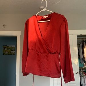 Red faux wrap blouse